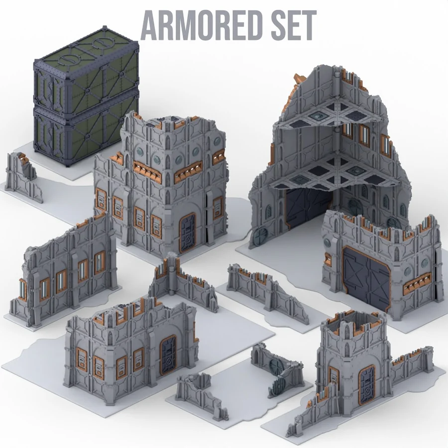 The full Armoured set: riveted grey buildings, ruins and green containers