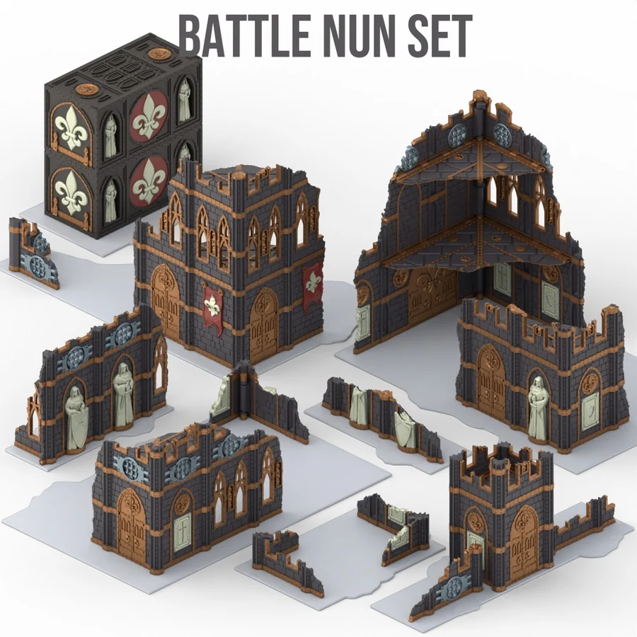 The full Battle Nun set: dark brick buildings with statues and fleur-de-lis doors, ruins and containers